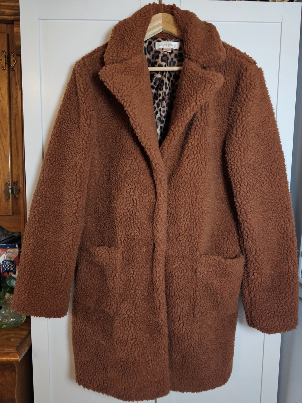 Band of Gypsies Faux Shearling Teddy Coat Brown Leopard Print Lining Size L Boho